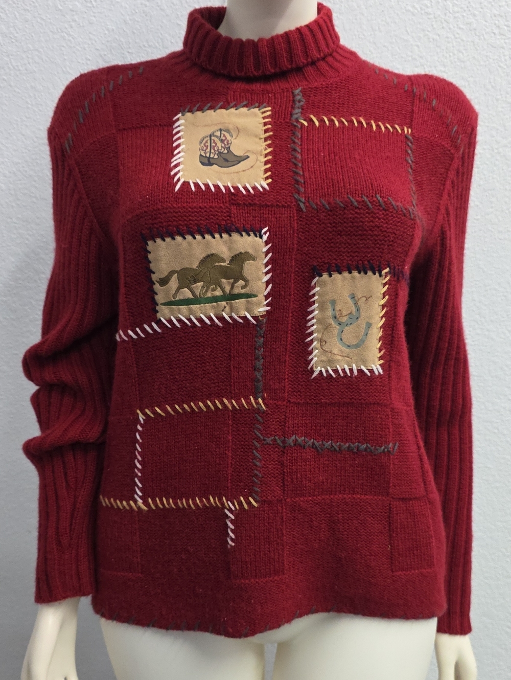 Wrangler Vintage Western Patchwork Turtleneck Sweater Size Large Red Wool Blend